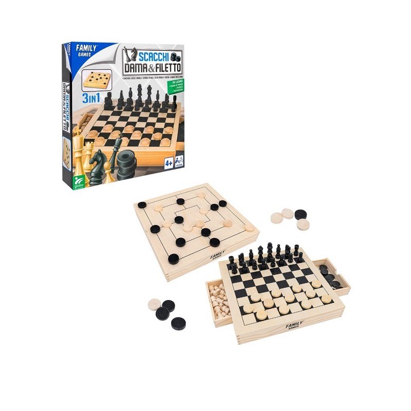 GIOCO SCACCHI/DAMA/FILETTO LEGNO