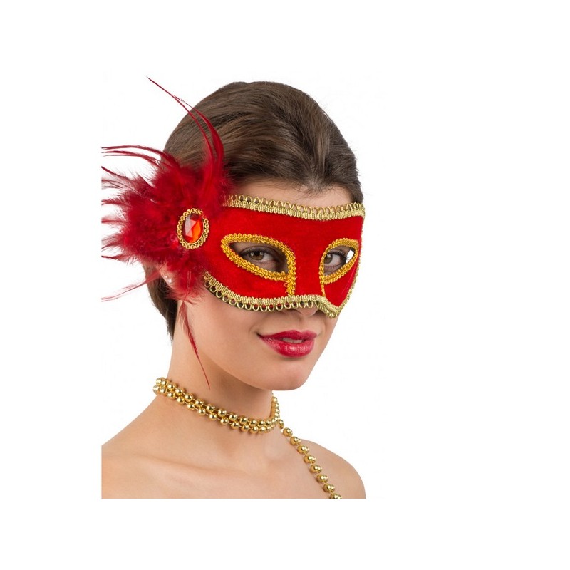 MASCHERA ROSSA IN PLASTICA CON VELLUTO PIUME GEMMA
