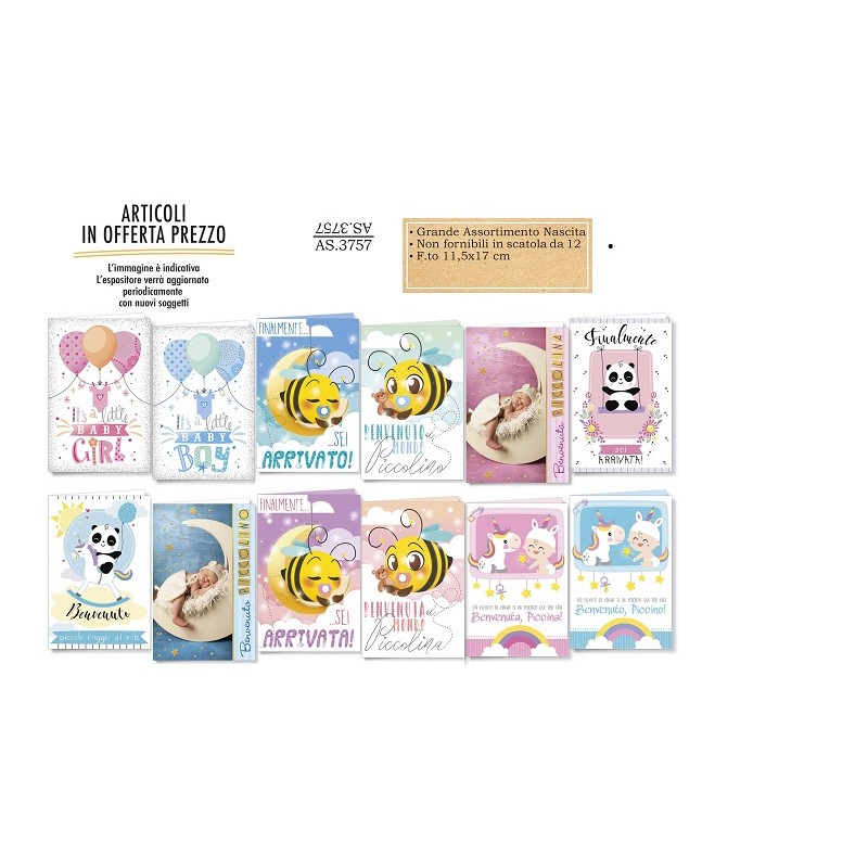BIGLIETTI PROMO GRANDE ASSORTIMENTO NASCITA-3757 (acquistabili multipli da 24 pz assortiti)